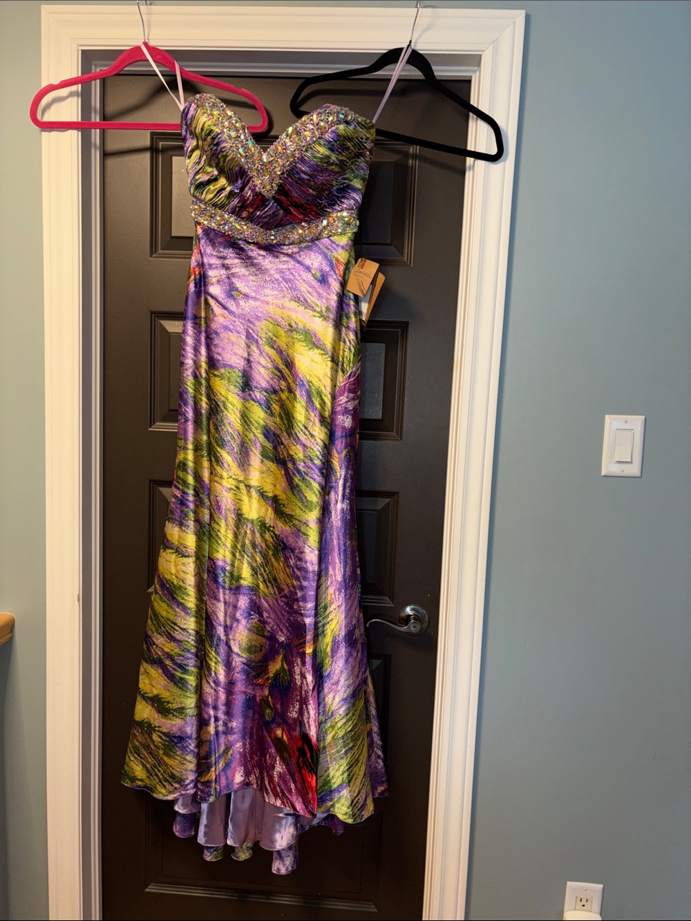 Strapless Beaded Formal Dress in Purple & Lime